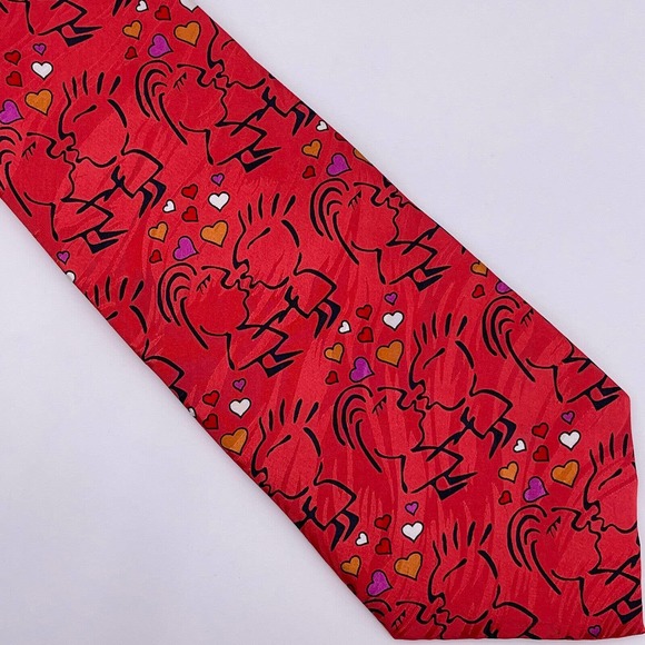 Red 100% Silk Tie Couple Kissing Hearts Kiss Valentines Romantic Keith Daniels - Picture 6 of 6